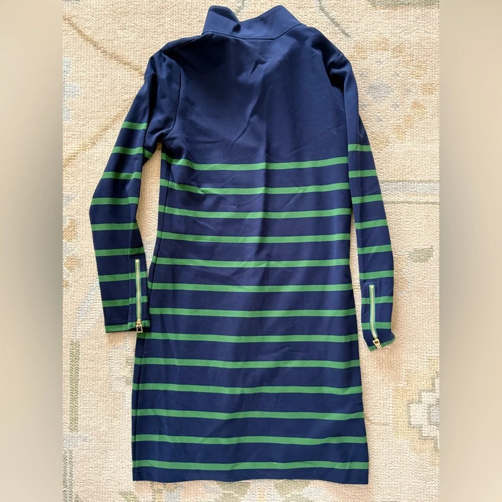 Sail to Sable Navy and Green Striped Long Sleeve Dress with Zip Neck - Picture 3 of 4